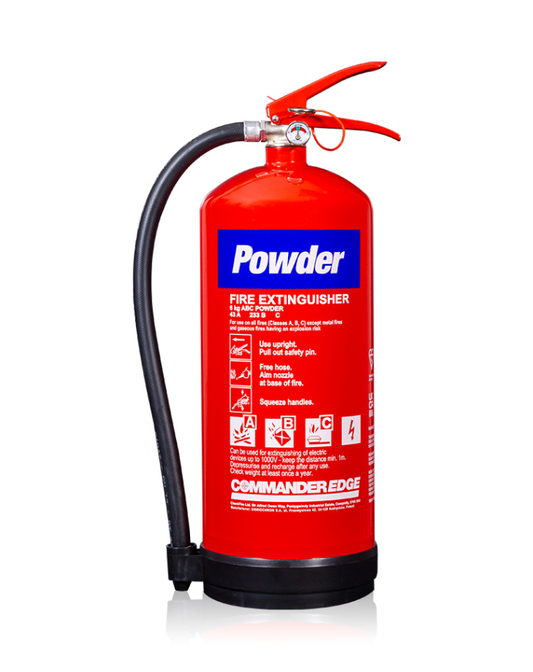 Red fire extinguisher with Powder written on a blue background
