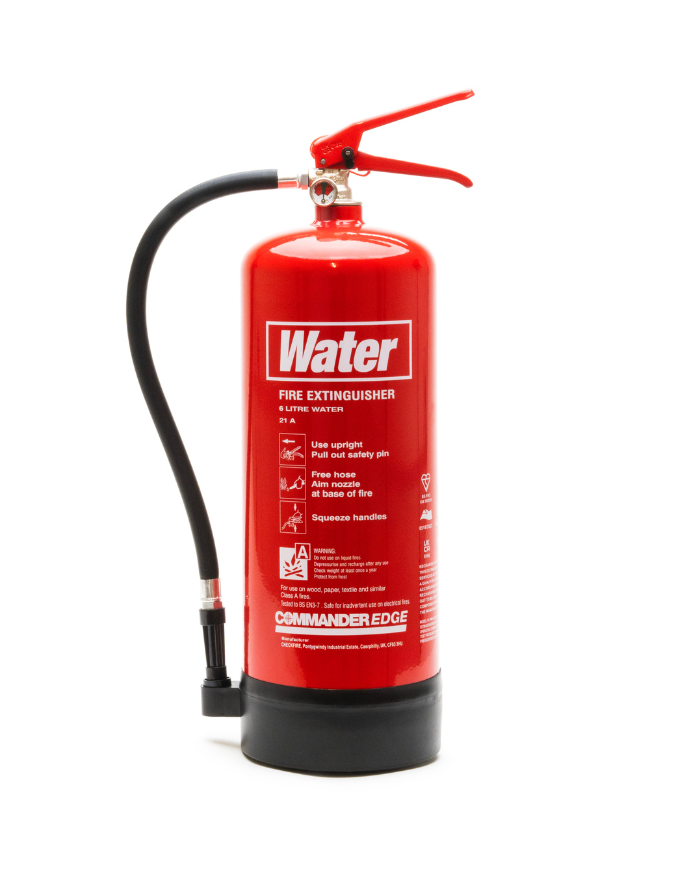 Red fire extinguisher with 'Water' label on a white background