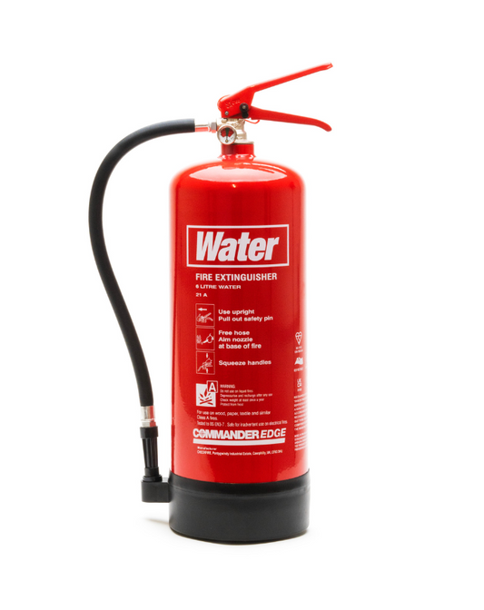 Red fire extinguisher with 'Water' label on a white background